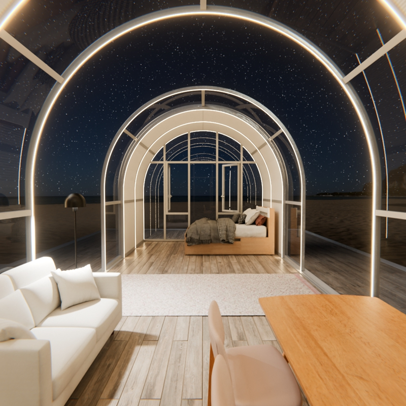 Mobile Half Dome Hotel Room Sunhouse Electric Retractable Roof Internal Lighting and Shade Perfect Coastal Tourism Sunroom