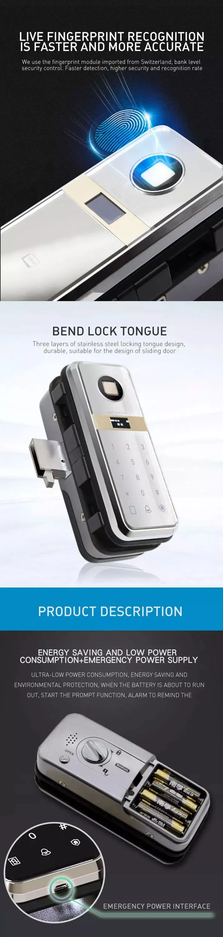 Easy to Install Digital Glass Door Lock Touch Screen Fingerporint Password Door Lock