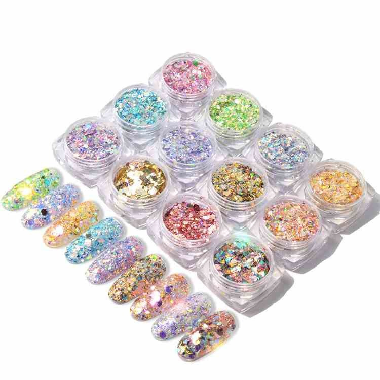 3D Colorful Nail Flake Sequins Muiti-Designs Nail Chrome Pigment Nail Decorations DIY Mix Size Nail Glitter Shinny Nail Sequins