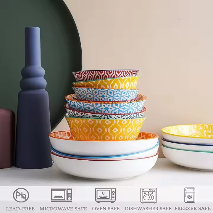 8"Coup Moon Soup Bowl with Stamp Decal Ceramic Porcelain Tableware