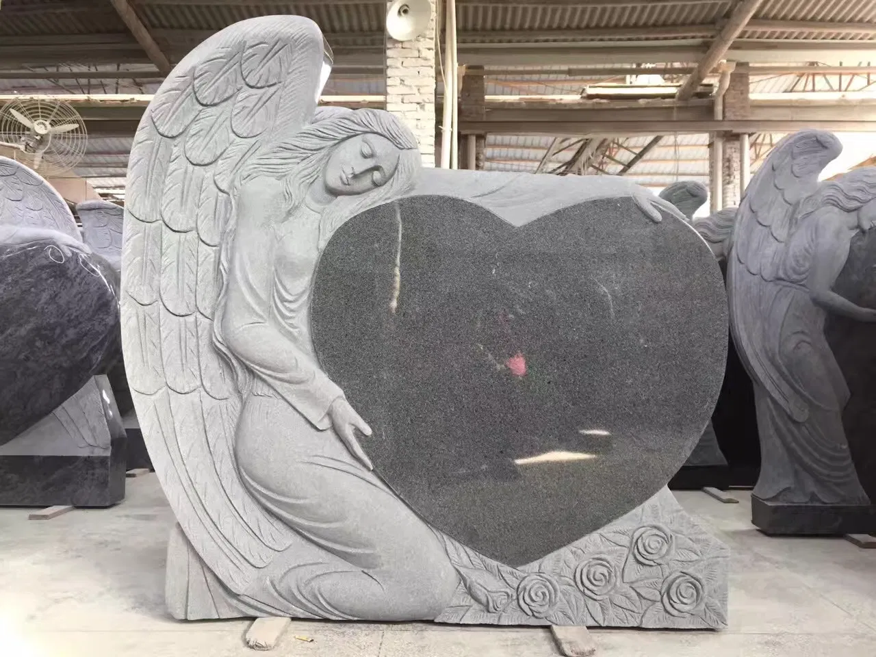 Customized Absolute Black Granite Angel Carving Tombstone Headstone Columnbarium, Slant Beveled Shape Markers Hand Carving, Machine Carving Memorial Monument