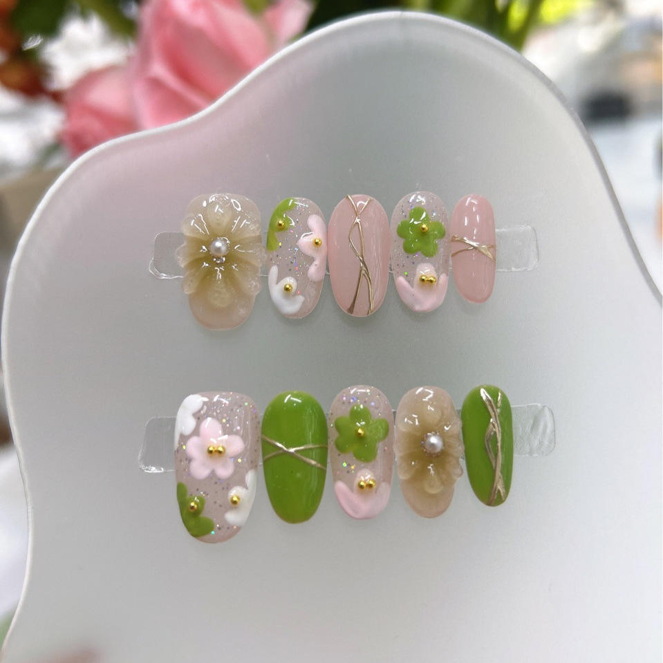 Hot Selling 100% Hand-Painted Ice Flower High Quality Fashionable False Nails Set with Glue Reusable Certified Wholesale