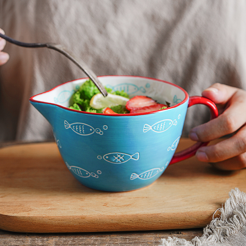 Japanese Bowl Large Mixing Bowl for Kitchen Ceramic Salad Bowl with Handle