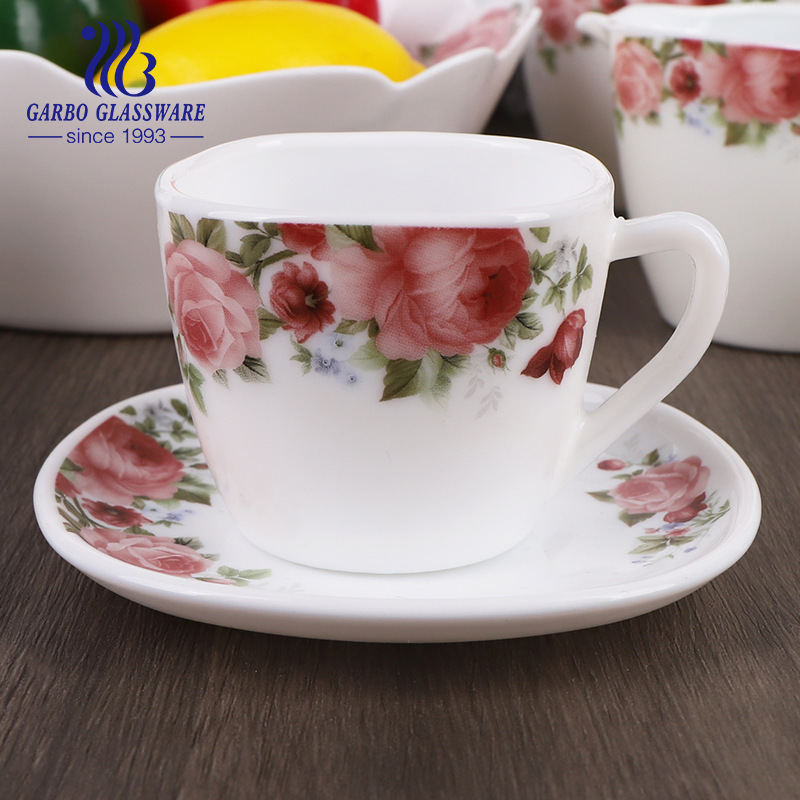 Promotion 75PCS Heat Resistant Home Tableware White Opal Glassware Dinner Set with Flower Decal