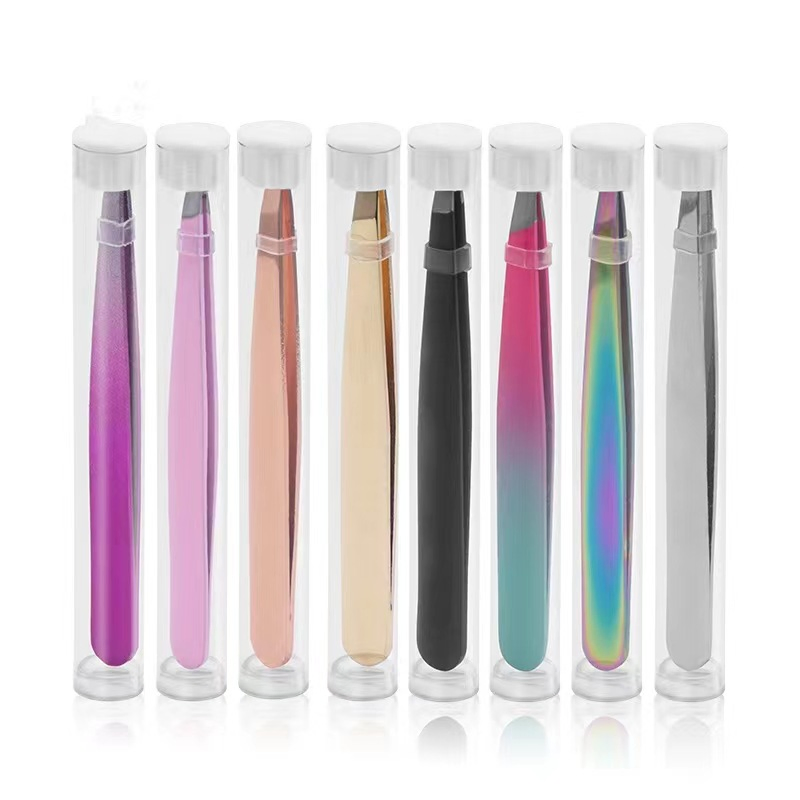 OEM Customized Logo Eyebrow Hair Remover Stainless Steel Black Slanted Tip Eyebrow Tweezers