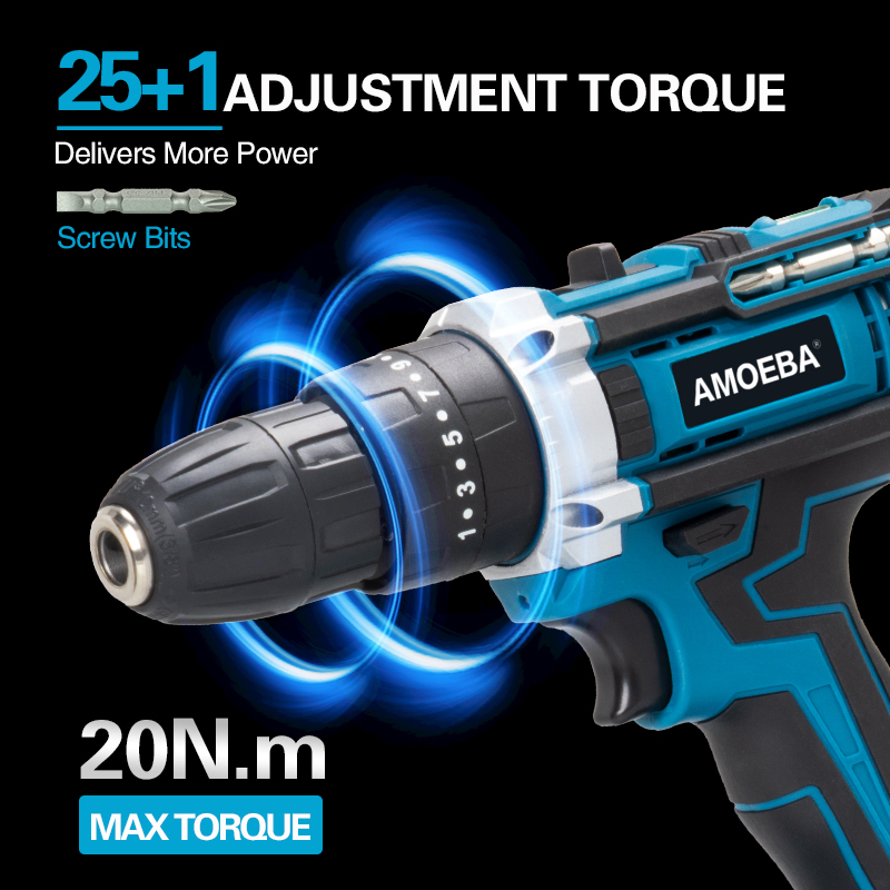 21V Lithium Drill with Fast Charging, 1.3ah Battery, 0-350/1500rpm, 20n M Torque, Plastic Box Packaging