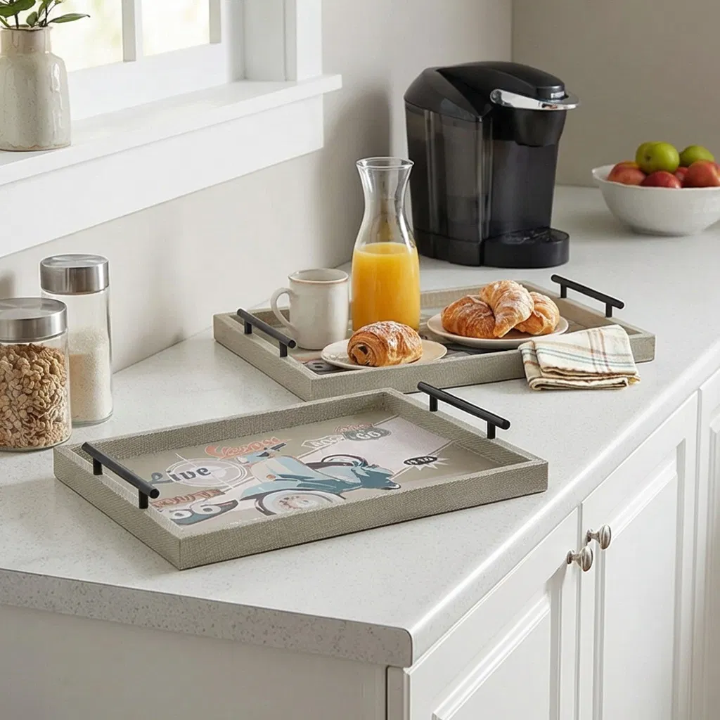 Serving Trays Set of 2 with Black Metal Handles, Decorative Trays with Route 66 Print for Coffee Table, Vanity, and Home Decor