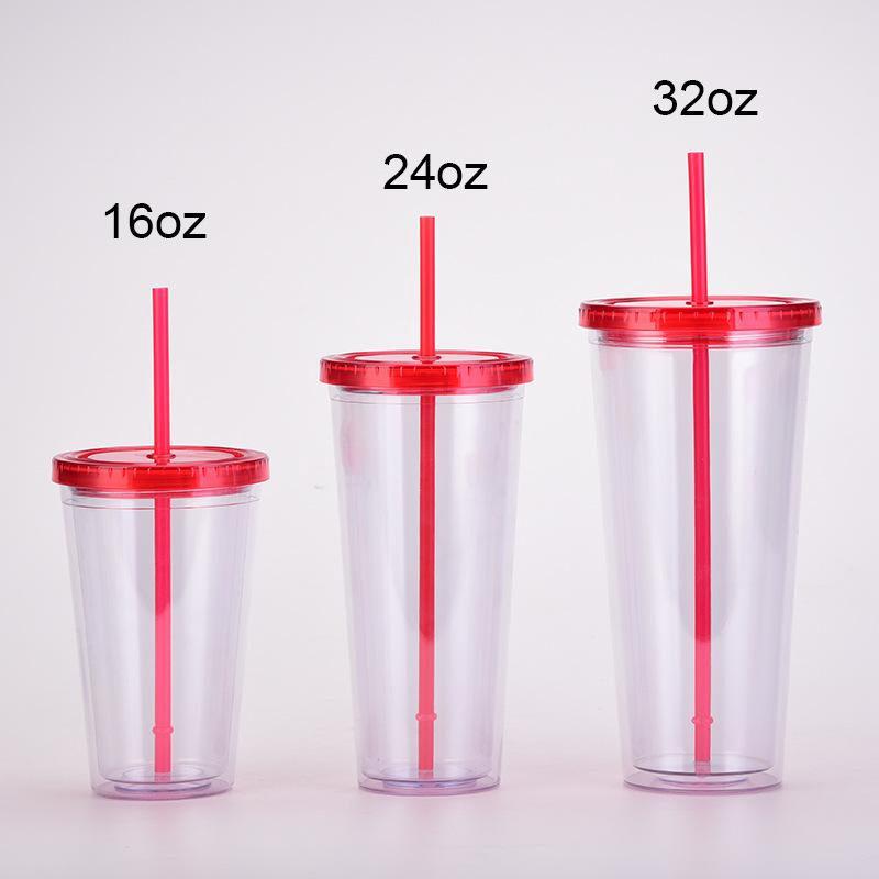 Wholesale Custom Logo Multi Color Lids 16oz 24oz Plastic Cups Mug Clear Double Wall Clear Tumbler with Straw and Lids