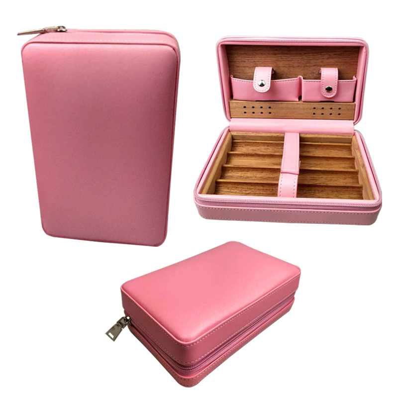 Pink Lady Leather Cedar Cigar Pack Box for Four Cigars and Accessories