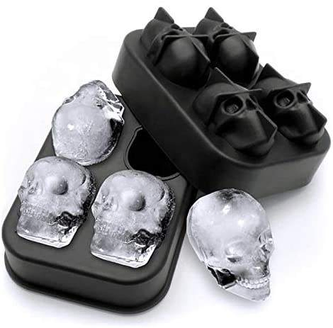 Food Grade 3D Halloween Skull 4 Grids Silicone Ice Cube Tray with Lids