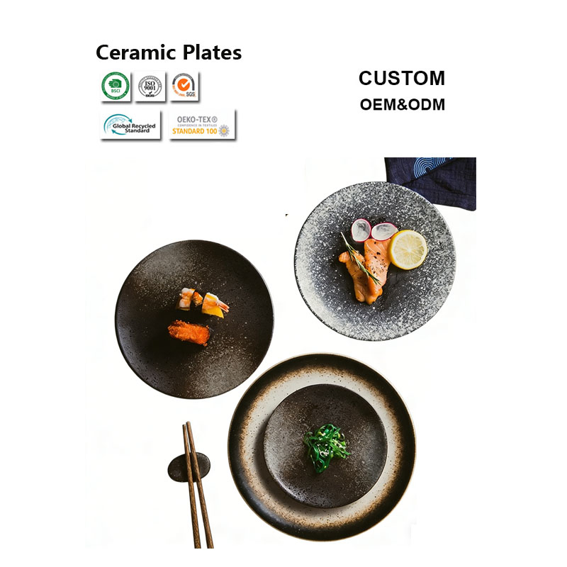 Custom Round Shallow Matte Black Restaurant Food Salad Steak Dinner Ceramic Plates