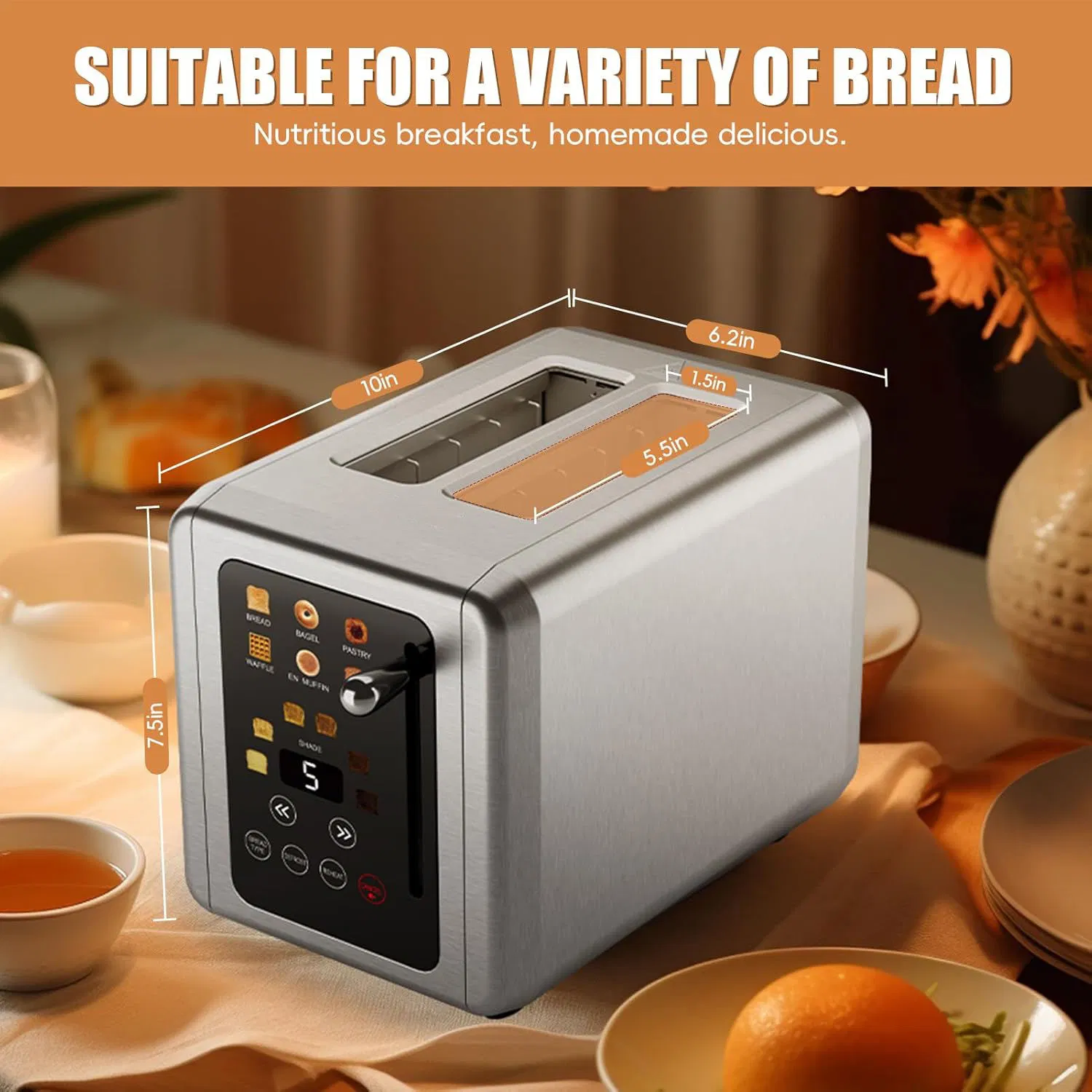 Commercial 2-Slice Smart Toaster with LED Screen for Toast Bun Bagel Warming