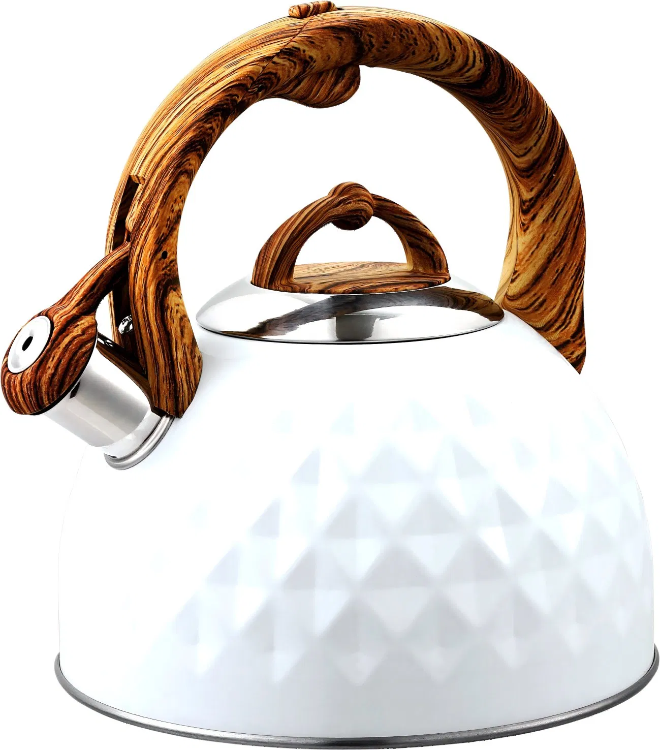 Белый чайник со свистком и деревянной ручкой