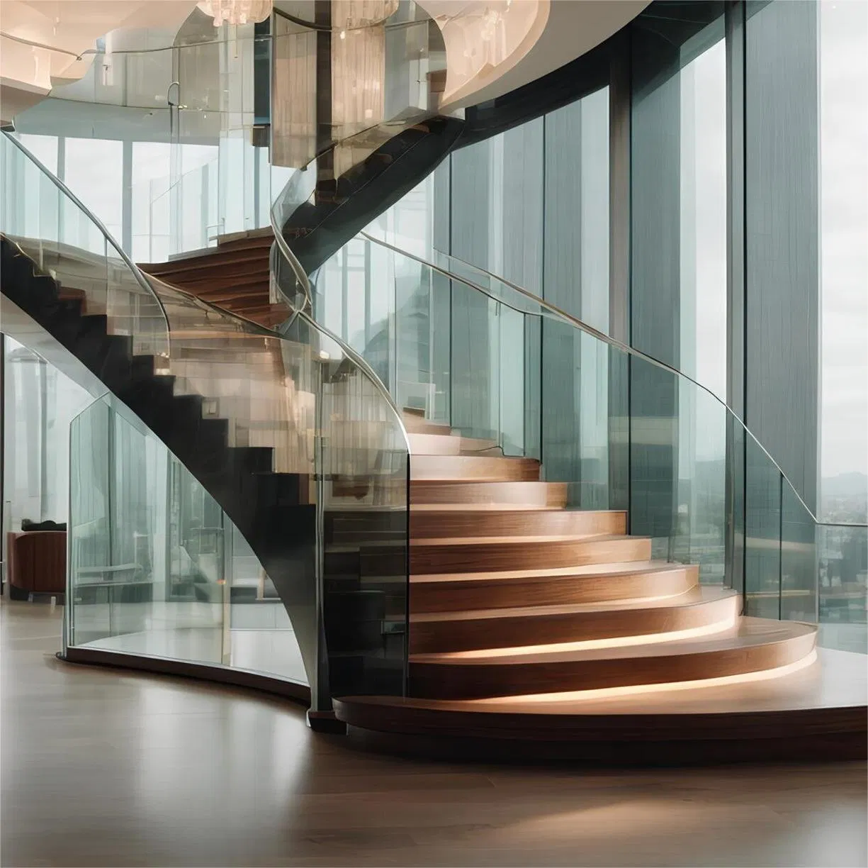 USA Modern Villa Customized Interior Curved Stairs Durable Wood Steel Glass-Marble/Wooden Stairs for Apartments