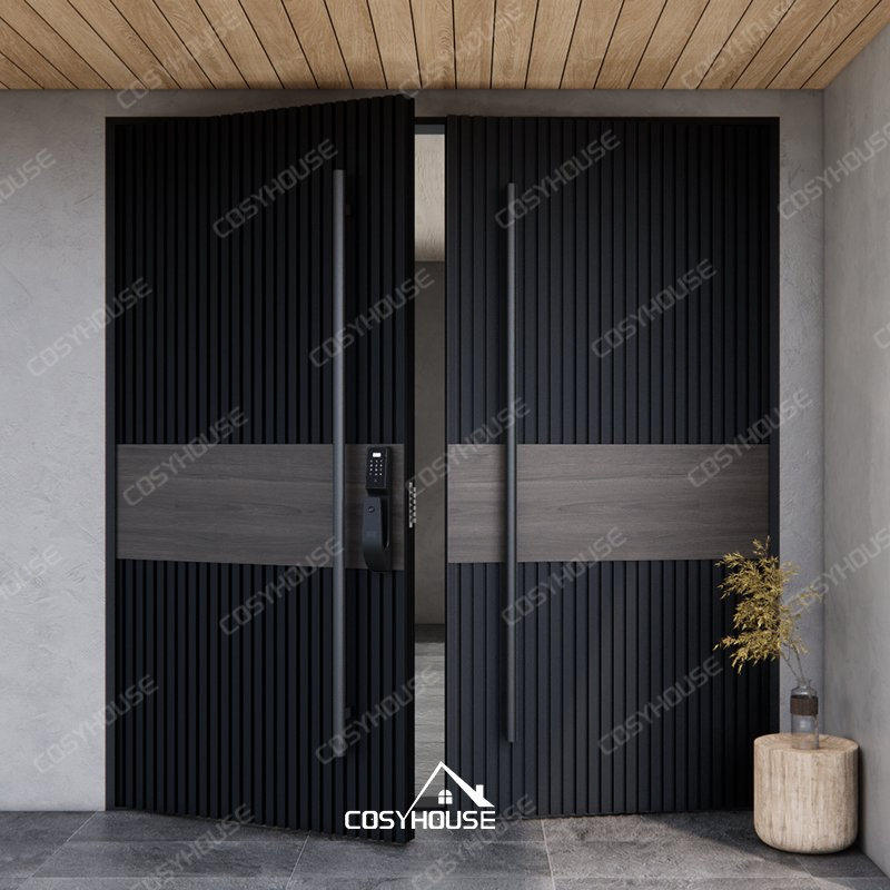 Rustic-Style Aluminum Double Front Door with Wood Finish