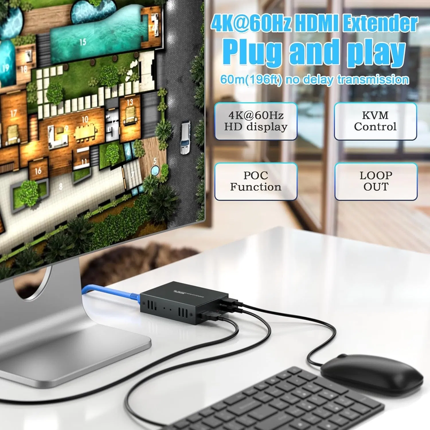 HDMI Kvm USB Extender for Remote Mouse and Keyboard Control of 1080P