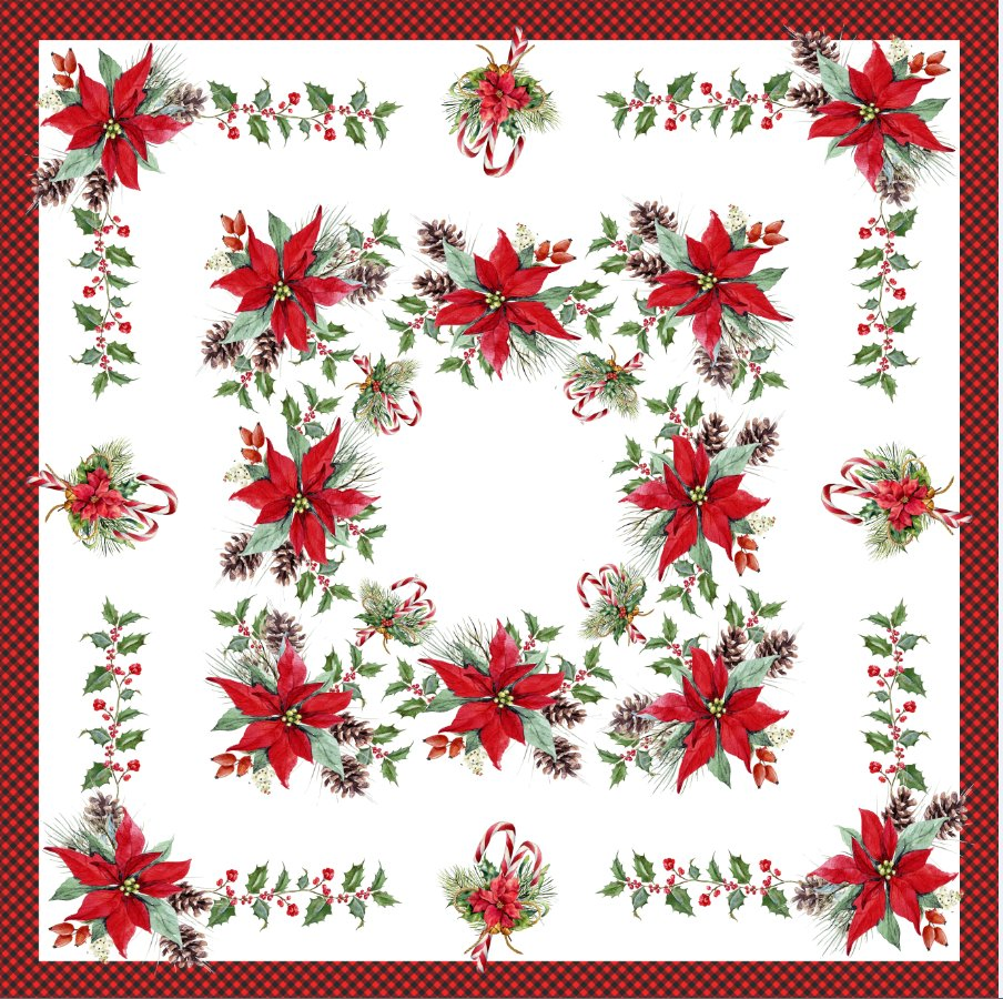 Digital Printing Poinsettia Tablecloth with Red Border