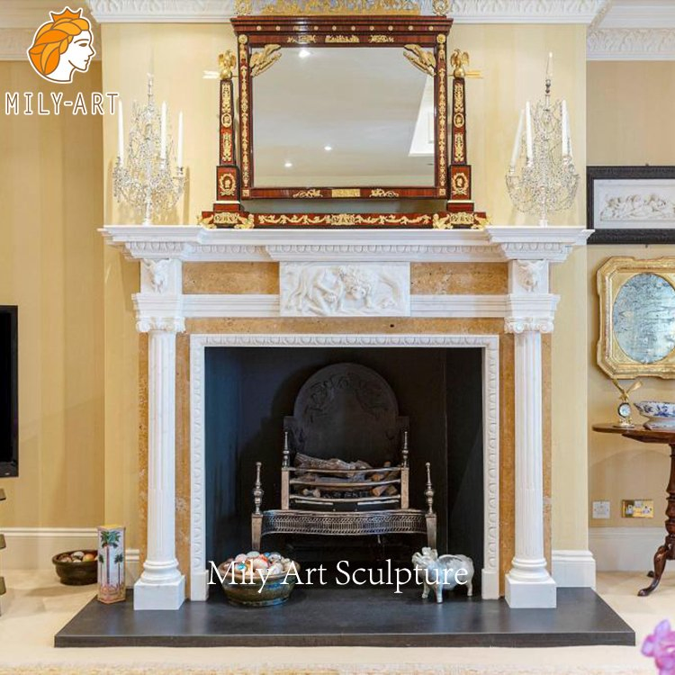 Vintage Villa Interior Hand Carved Beige Marble Column Fireplace Mantels