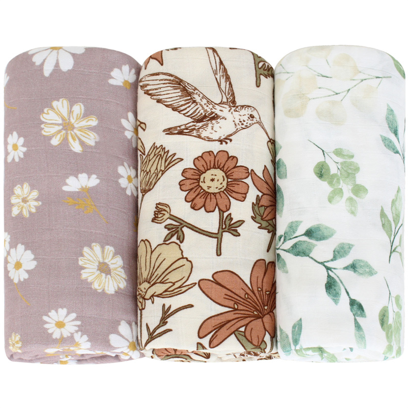 Custom Printed Flower Stretch Sleeping Modern Floral 100% Organic Cotton Animal Baby Muslin Swaddling Boy Blankets and Towel