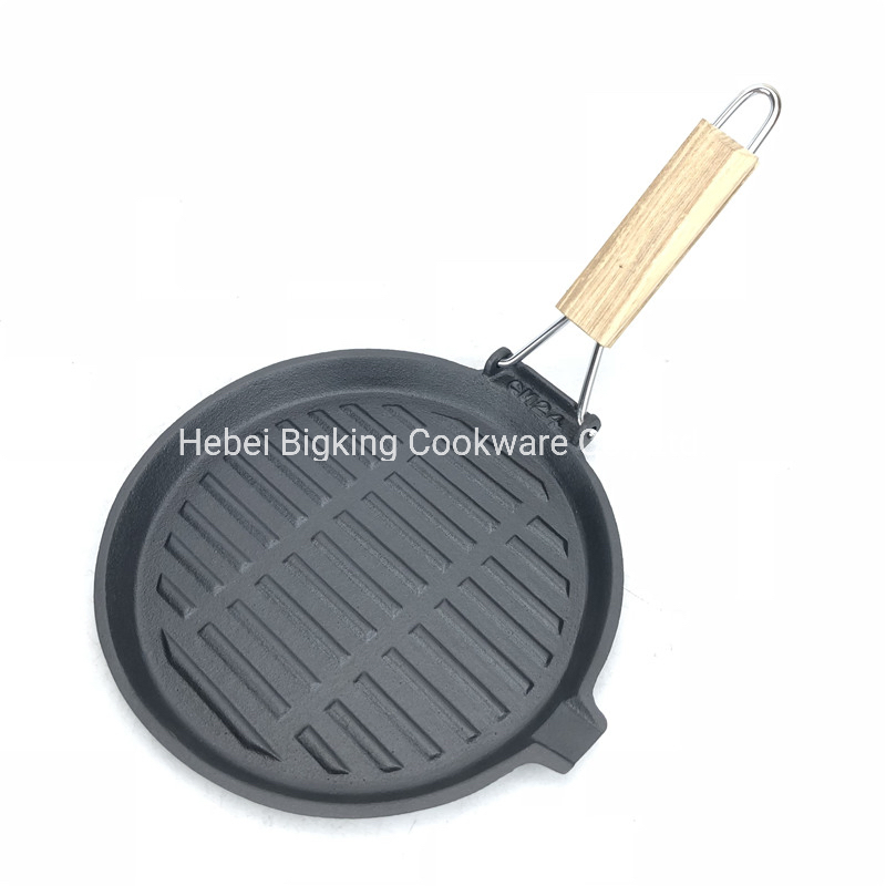 Cast Iron Nonstick 24cm Round Grill Pan with Foldable Handle, Steak Pan, Oven Safe