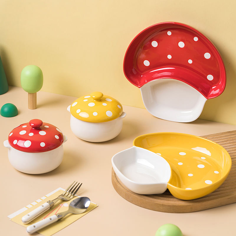 Mushroom Tableware Set Cute Ceramic Divider Plate Binaural Stew Soup Bowl