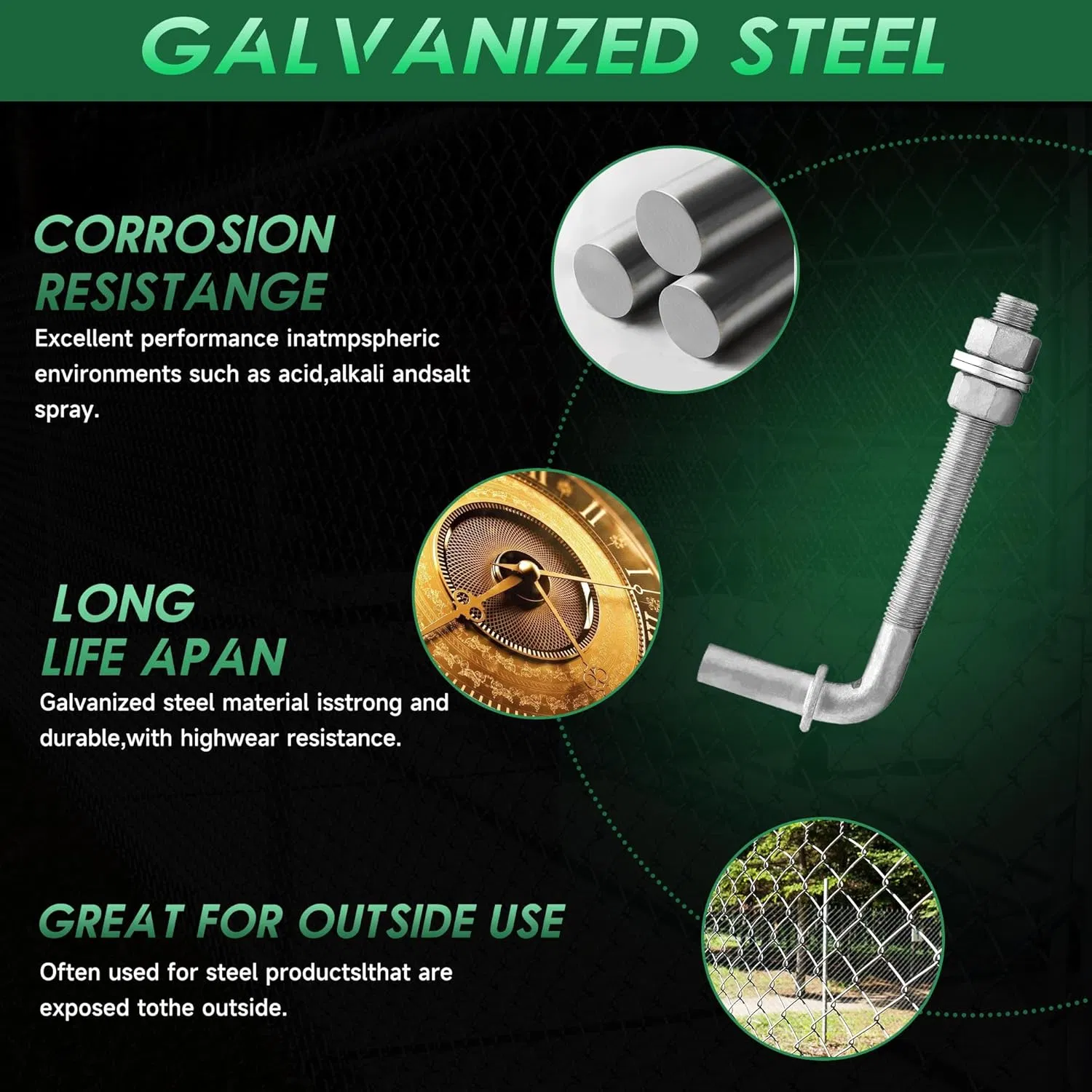 8" J-Bolt Gate Hinge, J-Bolt Chain Link Fence Gate Hinge with 5/8" Male Hinge Pin, Galvanized Steel Farm Gate Hinges, Chain Link Gate