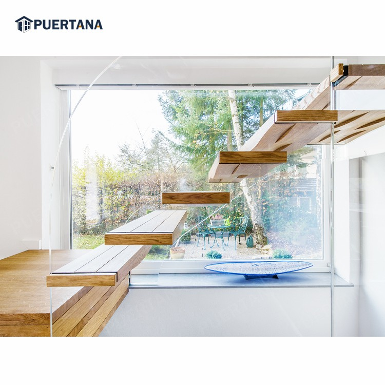 Invisible Stringer Wooden Tread Floating Cantilevered Staircase Straight Floating Stairs with Glass Railing Designs