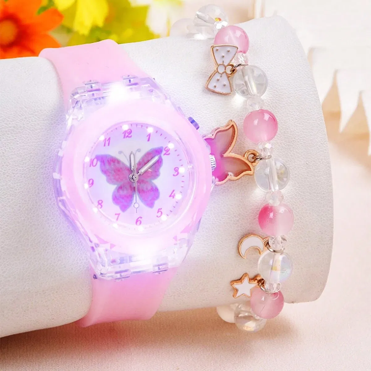 Pink Butterfly Cute Girl Watch Set Light Bracelet