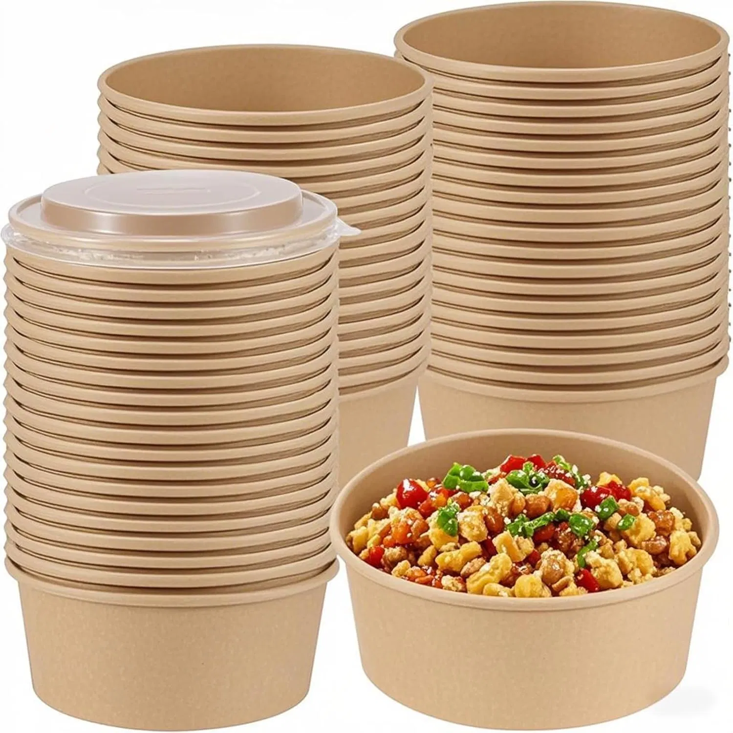 500ml 750ml 1000ml 1100ml 1300ml Disposable Food Container Custom Printed Take Away Kraft Paper Salad Bowl with Lids