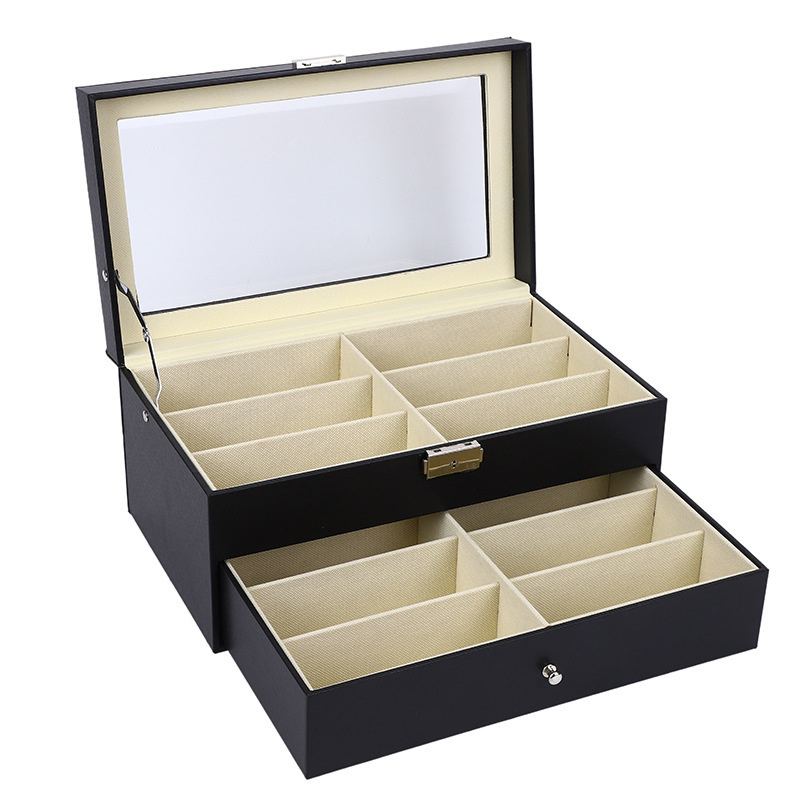 Leather 12slots Sunglass Box Multiple Eyeglasses Eyewear Display Case with Drawer