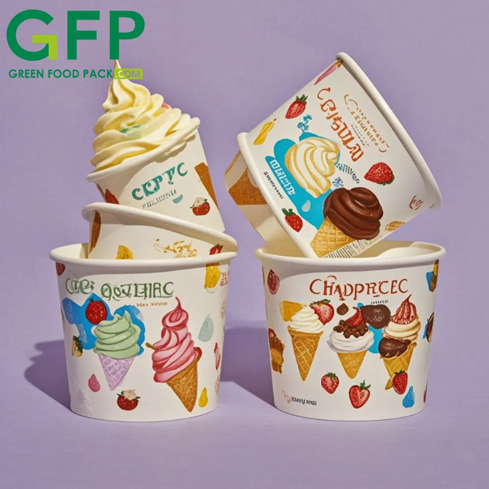 Food Grade Custom Printed 3/5/8/16/18 Oz Disposable Ice Cream Paper Cup with Lid and Spoon