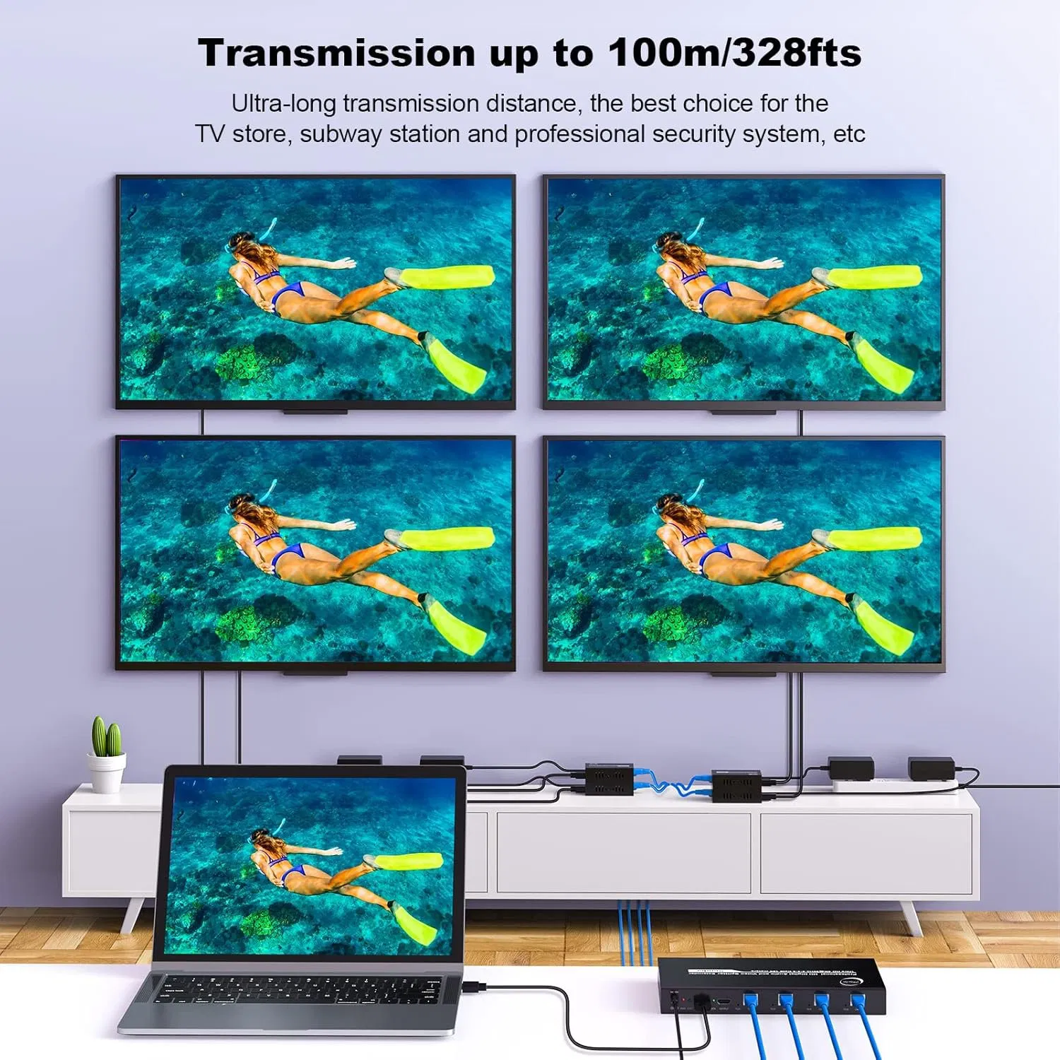 100m 4K@30Hz HDMI Extender Splitter 1 in 4 out, HDMI Extender Splitter 1 X 4, 4K@30Hz 100m (328fts) HDMI Splitter with Loopout and EDID Copy Function