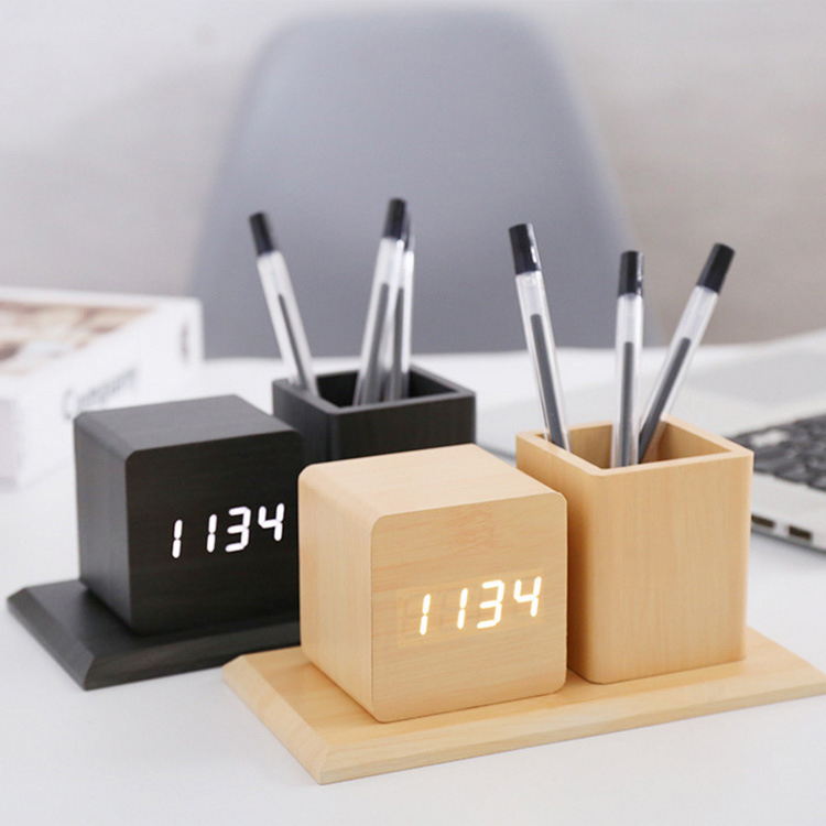 Creative Desktop Office Electronic Pen Holder Clock LED Silent Voice-Controlled Wooden Electronic Alarm Clock