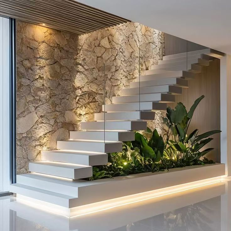 American White Oak Solid Wood Steel Staircase Straight Shape Centre Beam Glass Railing Stairs Design