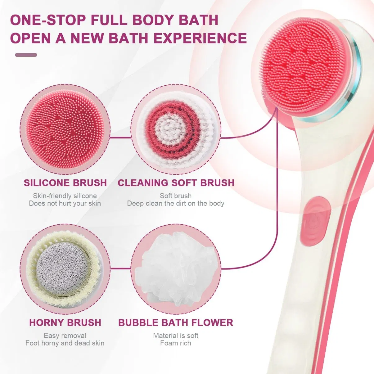 USB Rechargeable Waterproof Back Shower Silicone Dry Scrubber Set Exfoliating Skin Care Electric Body Bath Brush