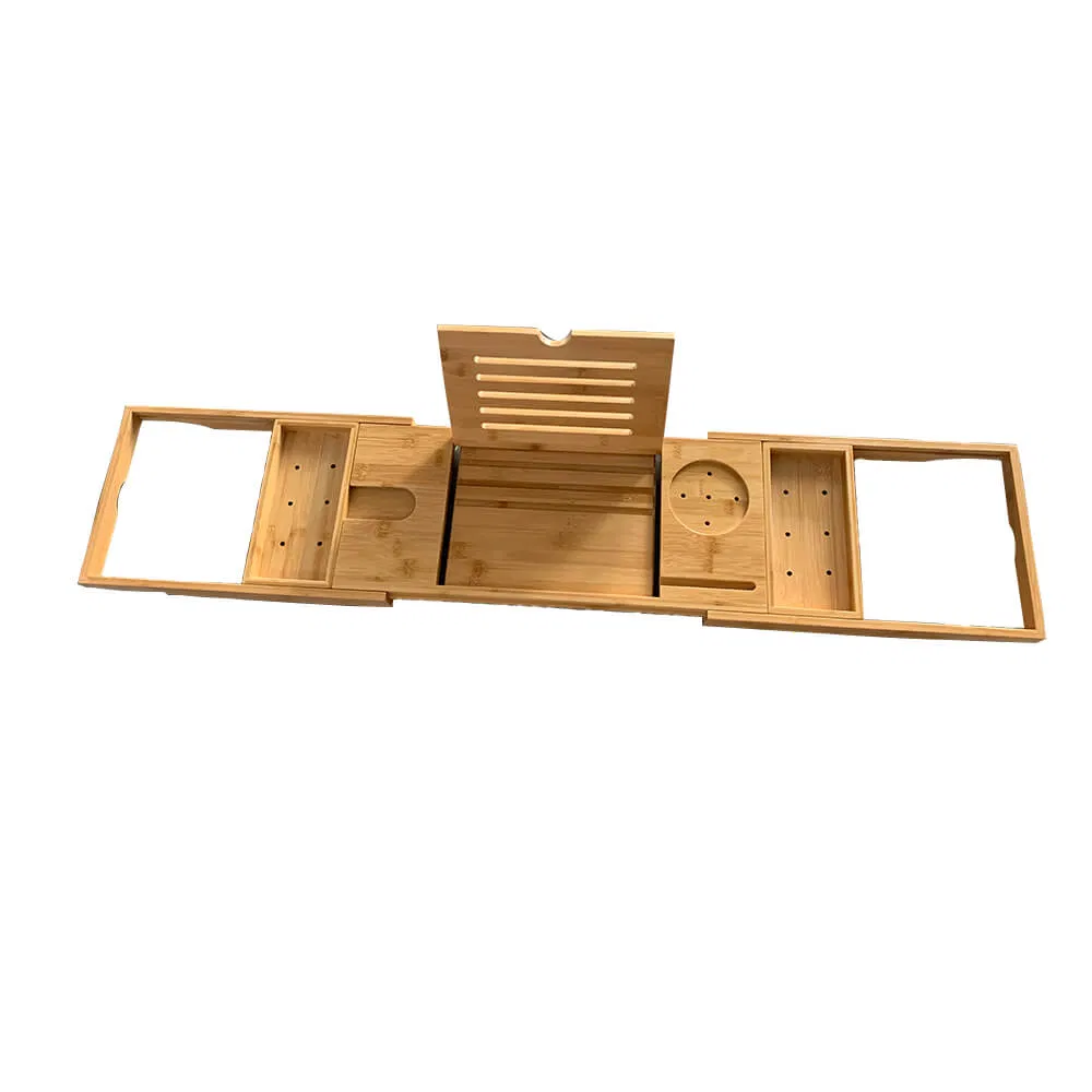 Extra Large Bamboo Bathtub Tray with Expandable Sides Holder for Book Glass Towel