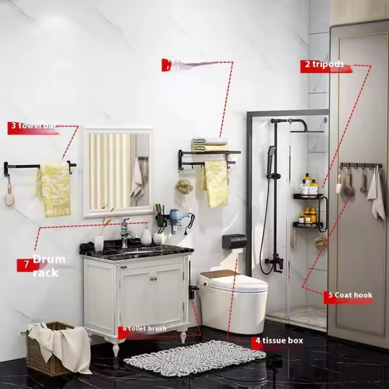 Modern Black Stainless Steel 304 Wall Hanging Bath Towel Rack Non-Perforated Single Bar Folding Design for Small Bathrooms