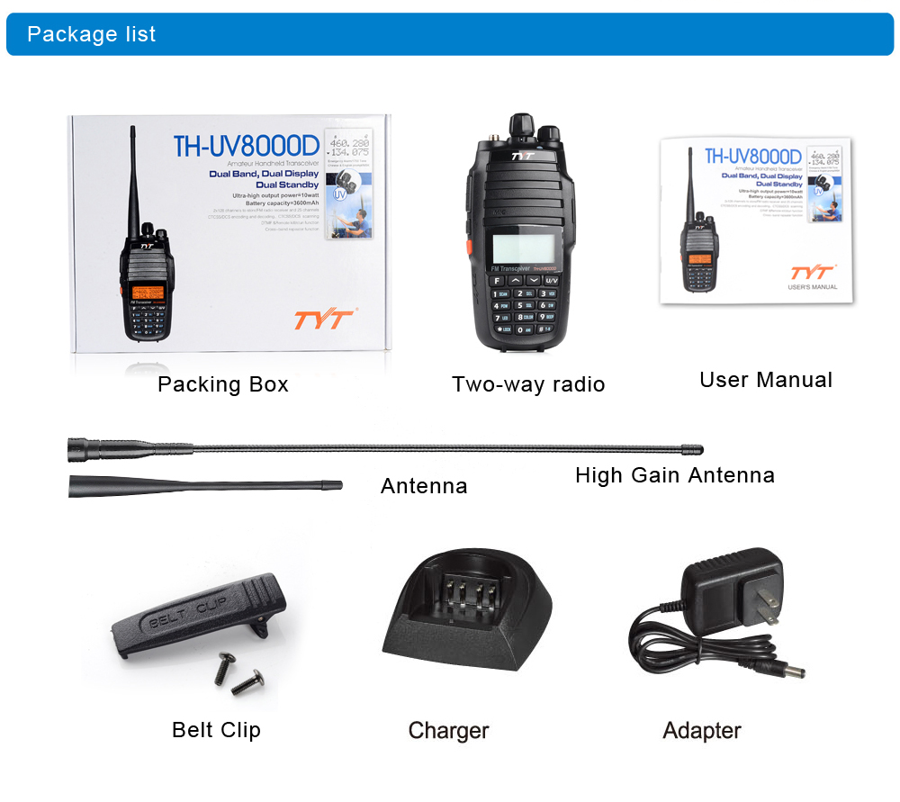 10W Two Way Radio Tyt UV-8000d Walkie Talkie Dual Band Ham Radio Transceiver