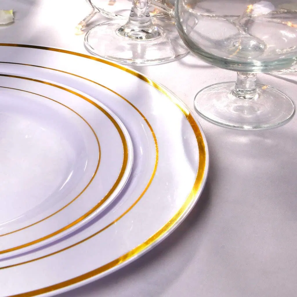 Gold Plastic Plates, Disposable Party Plates White Gold Rim Disposable Gold Dinner Plates 10.25 Inch and Disposable Dessert Appetizer Plates