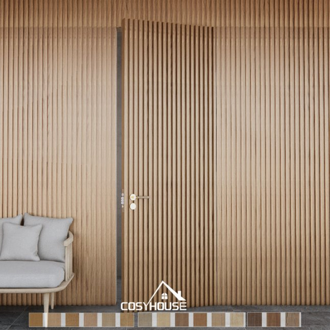 Modern Slat Wall Concealed Door with Vertical Wood Strips and Flush Design