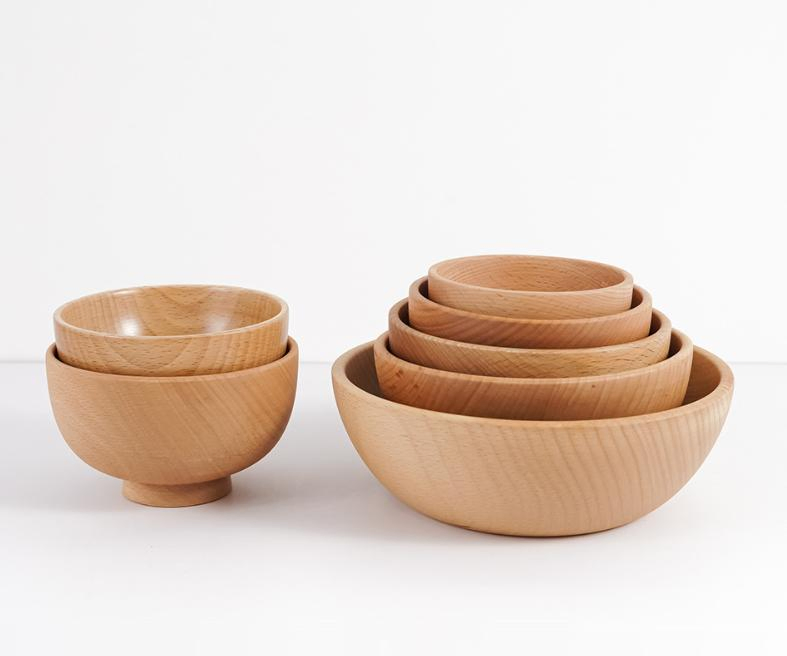 Creative Beech Solid Color Family Wooden Round Salad Bowl