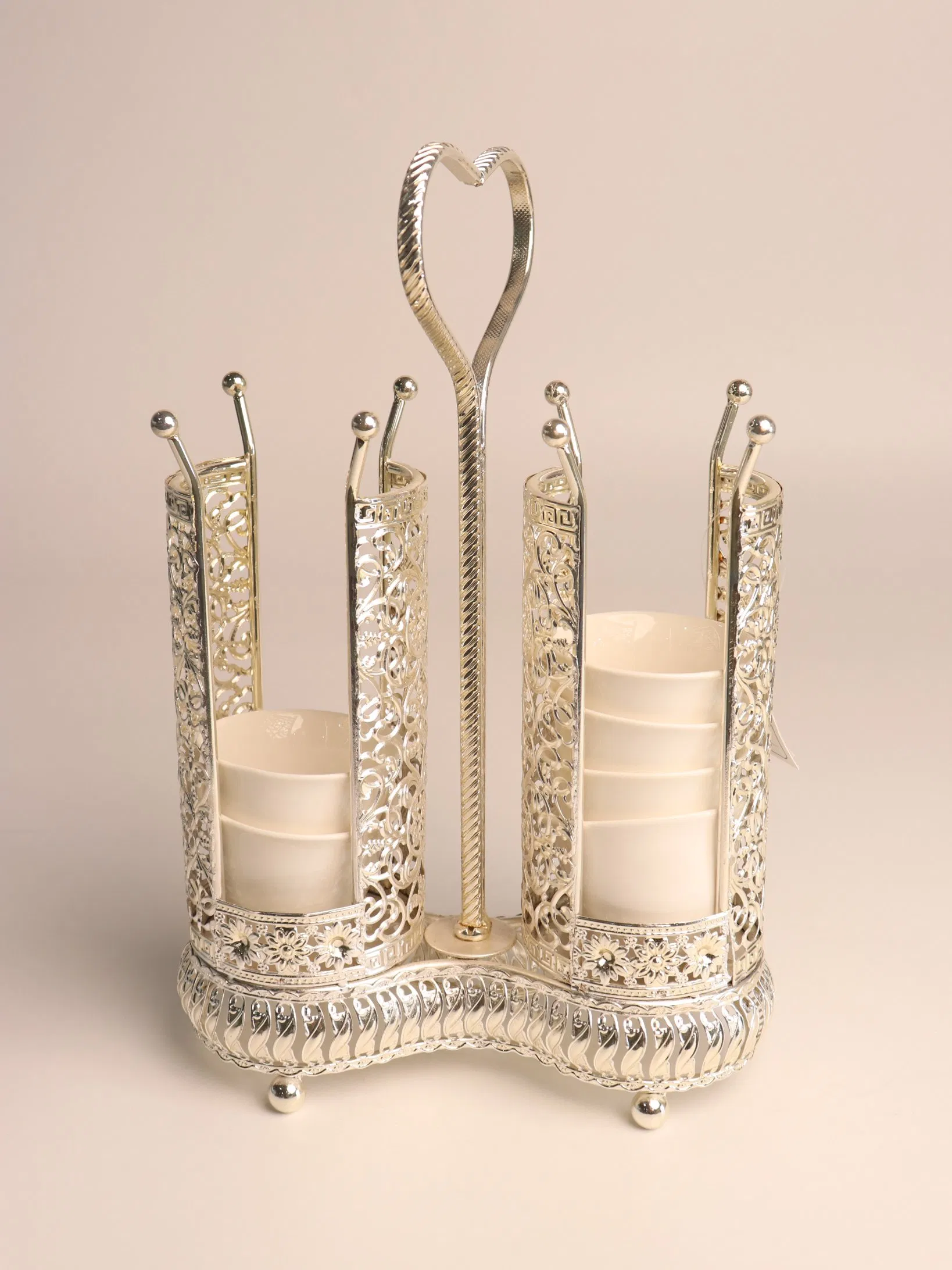 Decorative Silver Plated Iron Frame with Ceramic Tea Cup Decoration Set