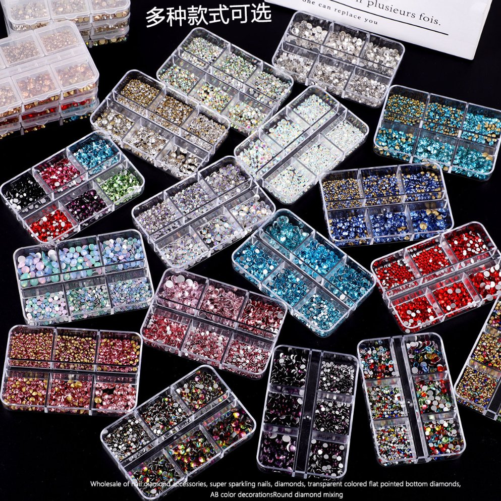 Wholesale 6grids Glass Flat Bottom Mixed Size Round Crystal Nail Rhinestone