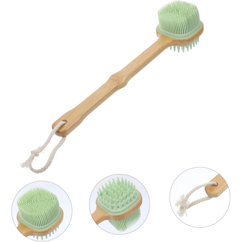 Long Handle Message 2 in 1 Exfoliating Soft Silicone Shower Brush Body Scrubber with Soft Bristles, Detachable Bamboo Handle