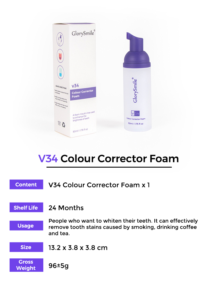 Private Label Glorysmile V34 Colour Corrector Teeth Whitening Foam Fluoride Free Toothpaste