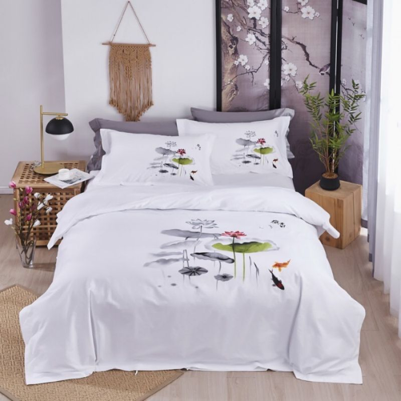 High Grade Hotel Textile Bedding Supplies 60s Cotton Satin Floral Plant Jet Printing Duvet Quilt Comforter Cover Guesthouse Bed Sheets ODM/OEM White Bedding Set
