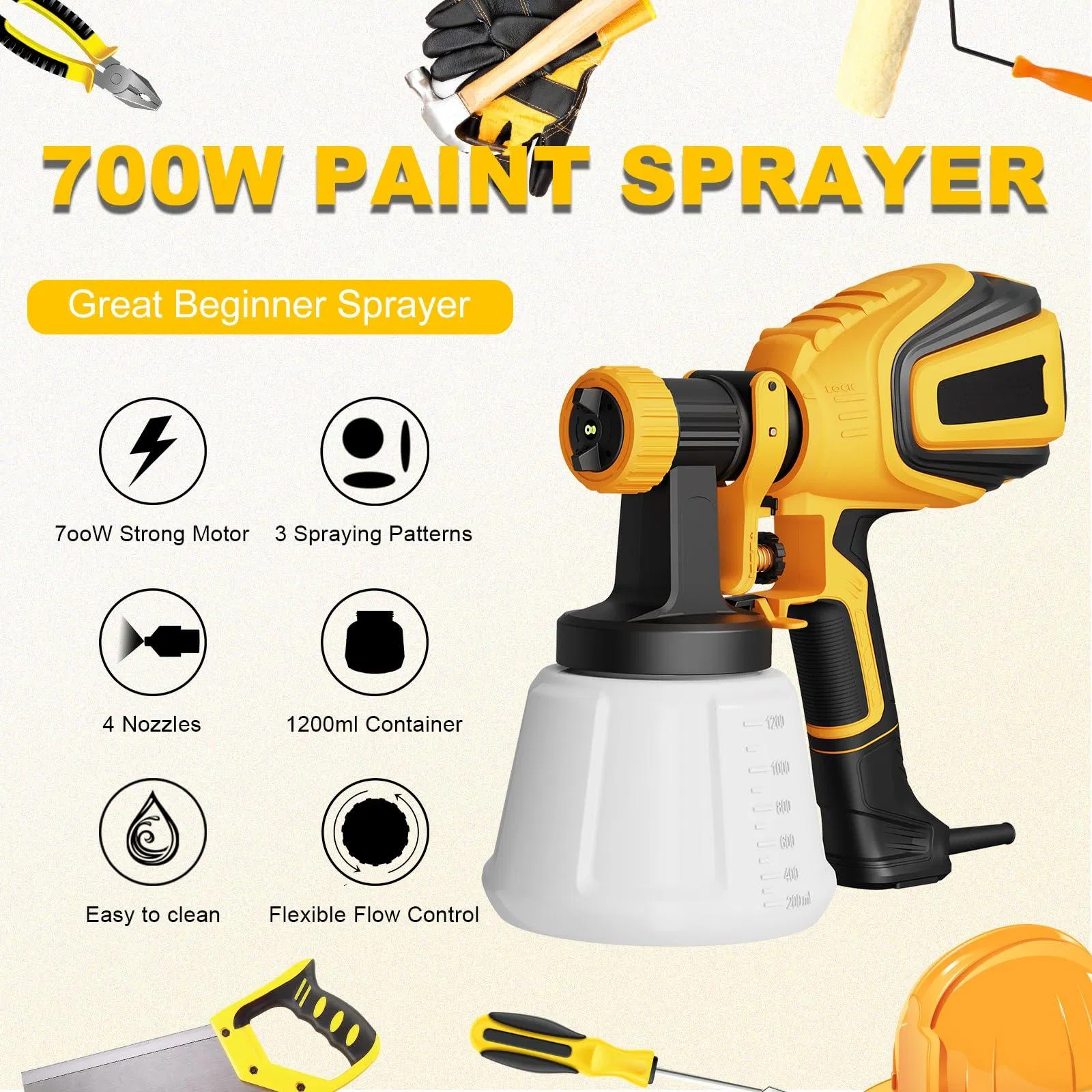 Vonforn Paint Sprayer, 700W HVLP Paint Sprayer with Cleaning & Blowing Joints