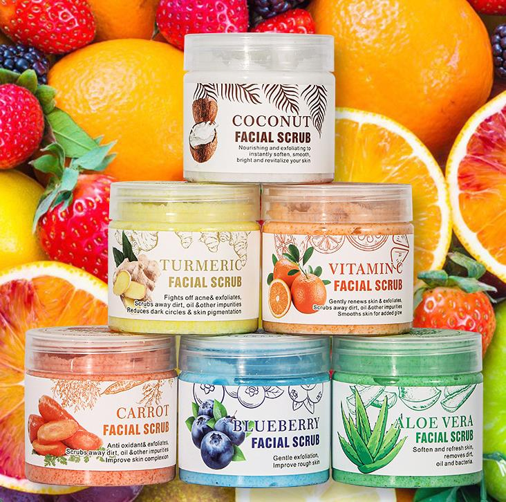 Online Wholesale and Retail Natural Organic Facial Scrub Exfolianting Whitening Carrot Coconut Blueberry Turmeric Vitamin C Exfoliating Skin Face Body Scrub