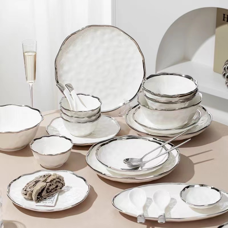 Luxury White Porcelain Dinner Set Featuring Elegant Silver Edging