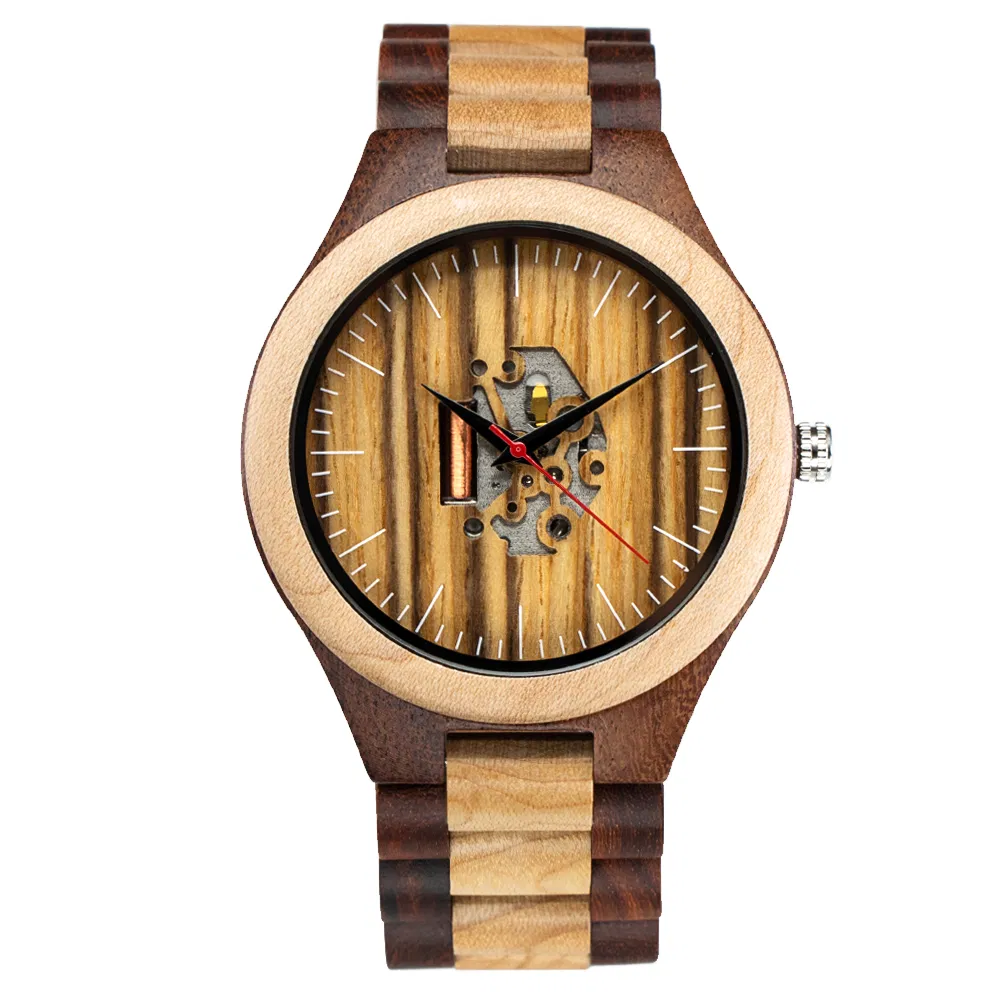 2024 New Custom Logo Light Men's Wood Watch Skeleton Dial Wooden Wrist Watch for Men Japan 2035 Movement Wholesale Price